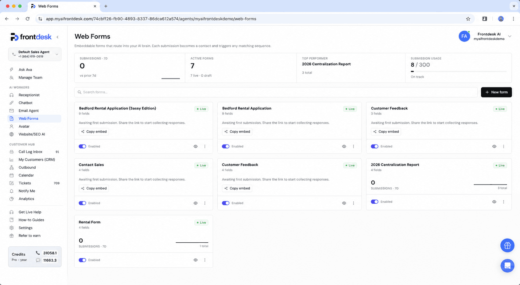 Bevado Web Forms dashboard with embeddable forms feeding the CRM