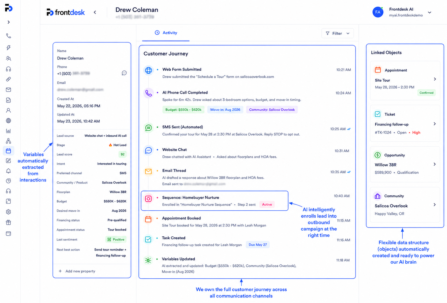 Bevado CRM. Drew Coleman contact record with full customer journey timeline